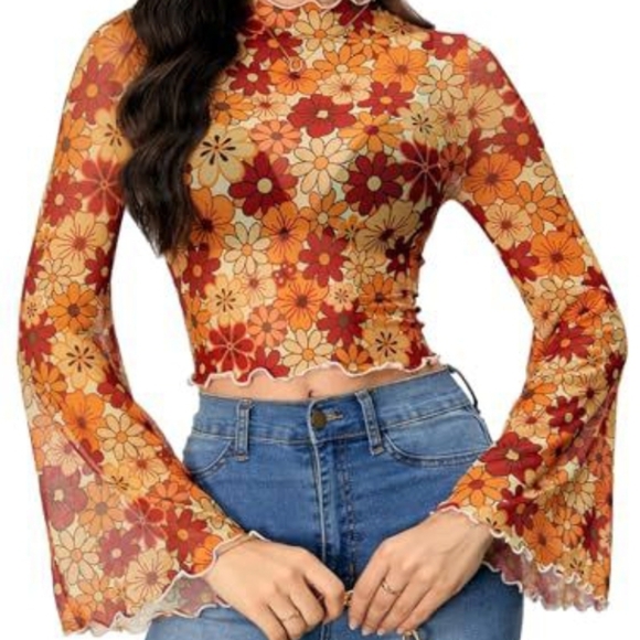 Floral Bell Sleeve Crop Top - Orange and Red - Picture 1 of 3
